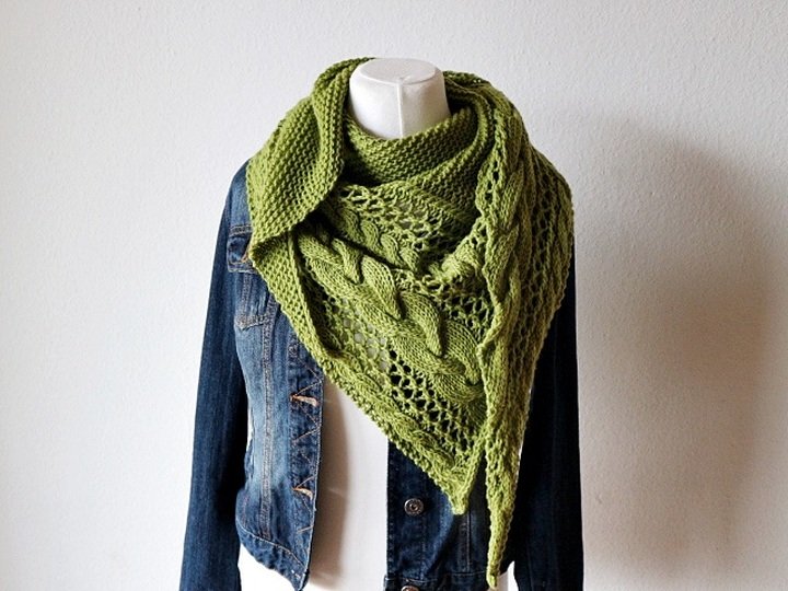 Cable and Lace Triangle Shawl Knitting Pattern