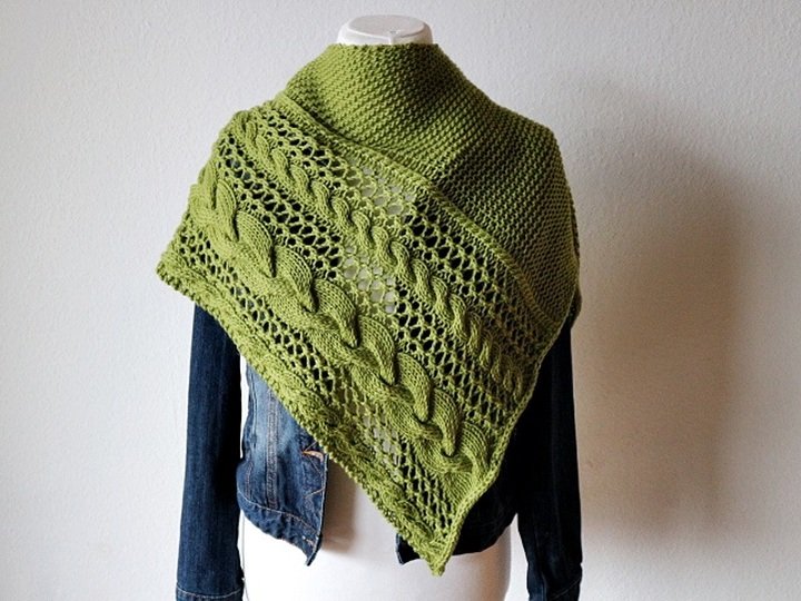 Cable and Lace Triangle Shawl Knitting Pattern