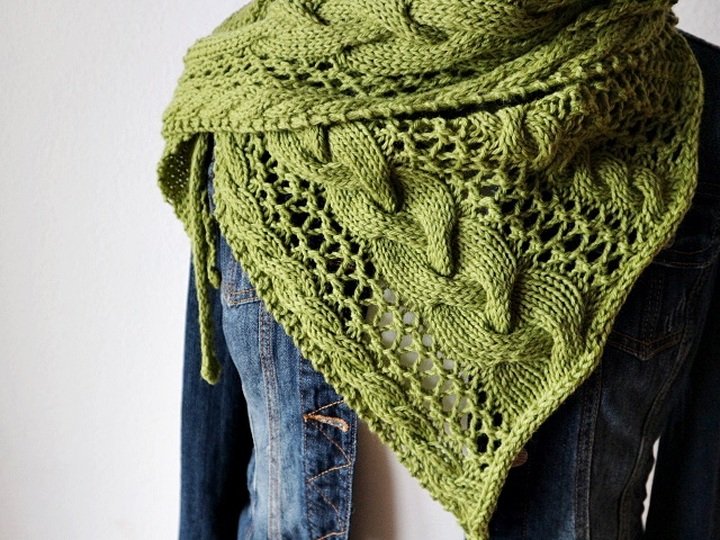Cable and Lace Triangle Shawl Knitting Pattern