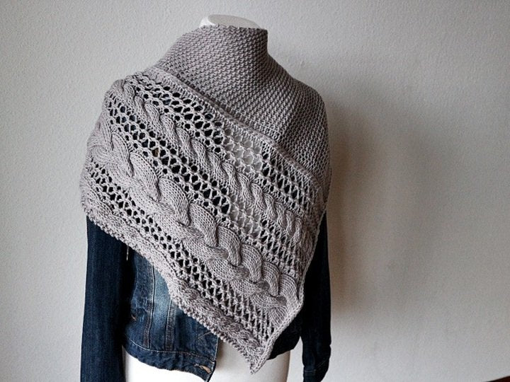 Cable and Lace Triangle Shawl Knitting Pattern