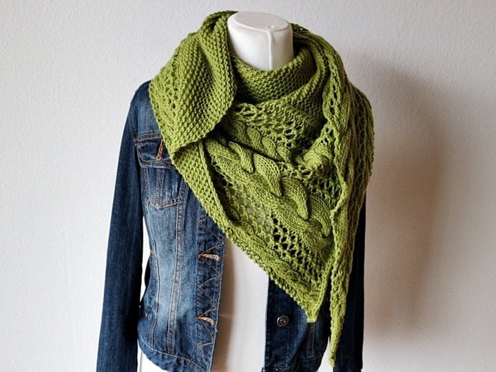 Cable and Lace Triangle Shawl Knitting Pattern