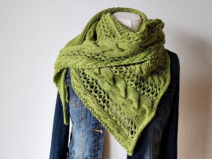 Cable and Lace Triangle Shawl Knitting Pattern