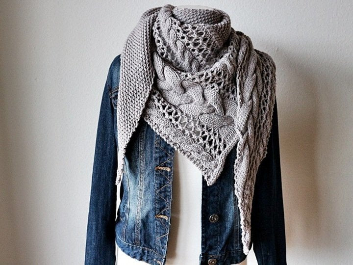 Cable and Lace Triangle Shawl Knitting Pattern