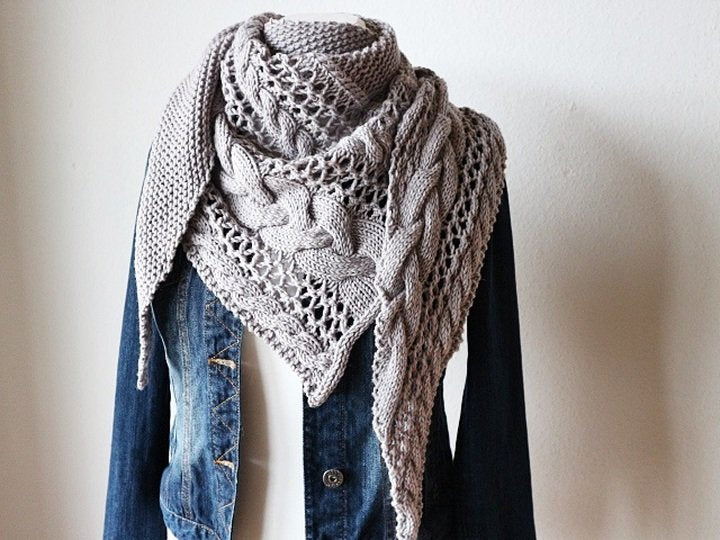 Cable and Lace Triangle Shawl Knitting Pattern
